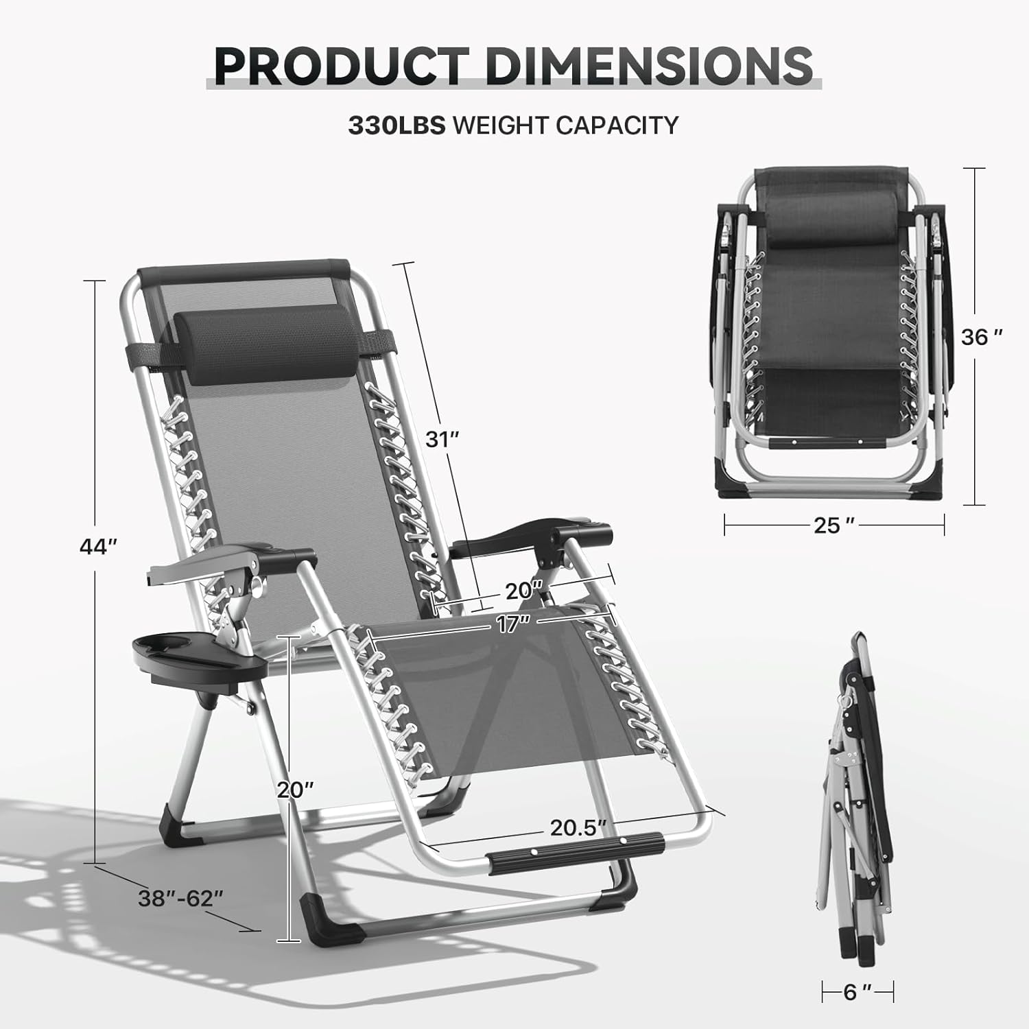 Zero Gravity Chair, Portable Outdoor Chair, Reclining Patio Lounge Chair with Adjustable Pillow and Cup Holder Trays for Outdoor, Patio, Beach, Camping, Garden, Poolside, Gray
