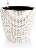Dexceder 9x8 Inches Rattan Self Watering Planter Indoor Outdoor, Inner Pot Design, Thickened Table Flower Plant Pot with Water Level Indicator (Ivory White)