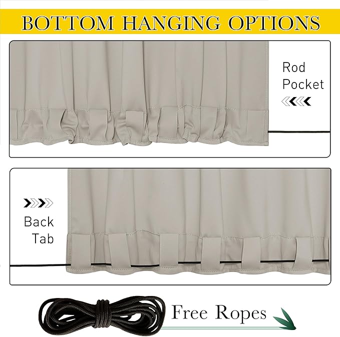 NICETOWN 2 Panels Privacy Outdoor Curtains for Patio Waterproof, Thermal Insulated Windproof Pocket & Back Tab on Top and Bottom Light & Cold Blocking Drapes with Fixed Rope for Porch, W52 x L108