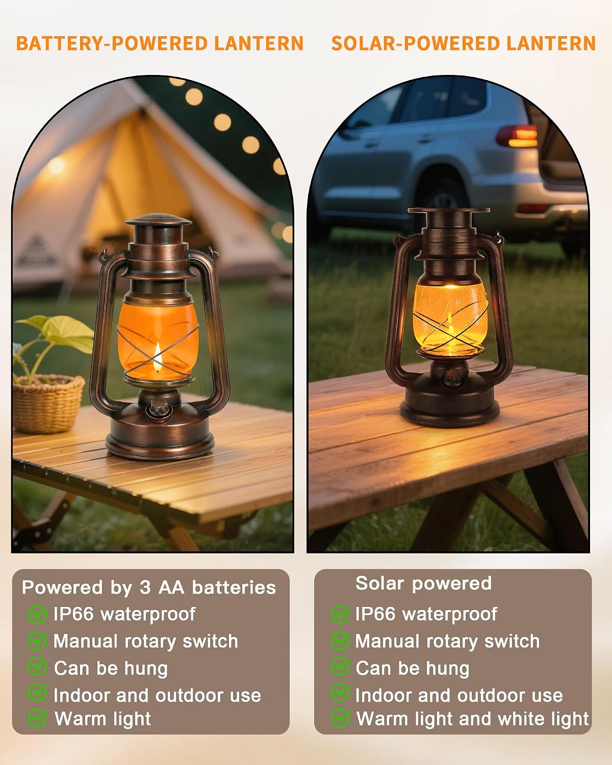 Double Mode Flame Retro Lantern, Battery Operated Vintage LED Candle Light, Adjustable Brightness, Waterproof IP65, Home, Garden & Camping Decor – 2 Pack