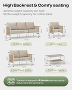 Aluminum Outdoor Patio Couch, 3 Seats HDPE Rope Patio Sofa with Washable Thick Cushion, All-Weather Patio Furniture for Balcony, Yard, Silver Frame, Beige