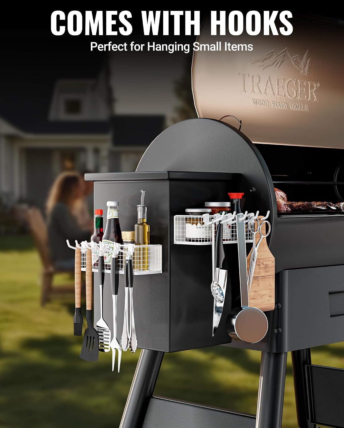 2 Pack Magnetic Storage Bin for Traeger Grills, Z GRILLS, PIT BOSS | Traeger Accessories with 5 Hooks, Compatible with Traeger Pro 22, Pro 34, Pro 575, Pro 780, Ironwood 885, Ironwood 650, White