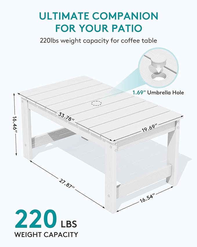 SERWALL Outdoor Coffee Table with 1.69" Umbrella Hole, HDPE Patio Coffee Table for Outside, Rectangle, White
