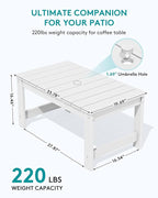 SERWALL Outdoor Coffee Table with 1.69" Umbrella Hole, HDPE Patio Coffee Table for Outside, Rectangle, White