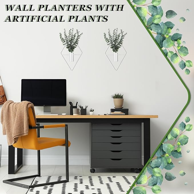 Jexine 8 Pcs Hanging Planters with Artificial Eucalyptus Metal Hanging Vase Indoor Plants Holder Modern Geometric Boho Bathroom Wall Decor for Living Room Home Office (Eucalyptus,White)