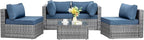 Shintenchi 5 Pieces Outdoor Patio Sectional Sofa Couch, Silver Gray PE Wicker Furniture Conversation Sets with Washable Cushions & Glass Coffee Table for Garden, Poolside, Backyard (Aegean Blue)