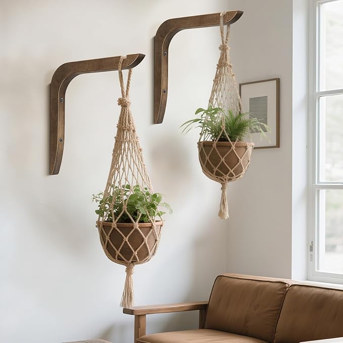Wooden Plants Hanger, Plant Hangers Indoor Wall Mount, 8.58-Inch Hanging Plant Hooks for Wall, Basket Hooks for Lanterns, Flower Bracket, Wind Chimes, Lamp, Bird Feeders, Patio Decor(Brown 2PCS)