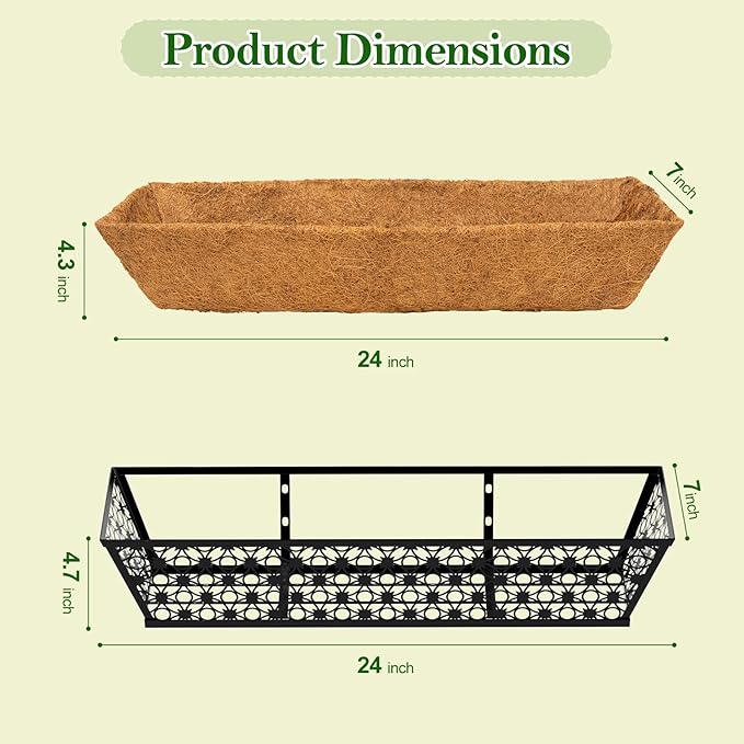 SPECILITE 24" Window Boxes Planters, Heavy Duty Metal Railing Planter Boxes, Adjustable Balcony Planters for Railing Hanging, with Coco Liner & Tool Set for Deck, Porch, and Patio Gardening (4 Pack)