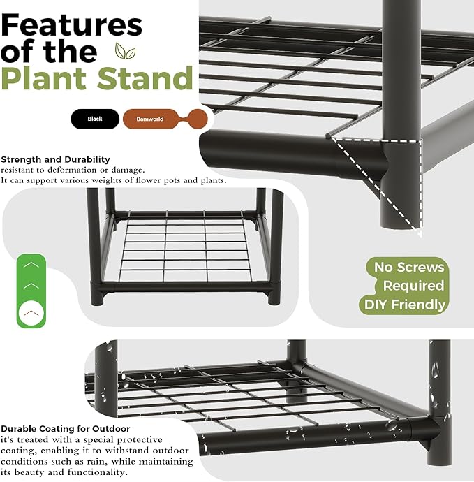Bamworld Plant Stand Outdoor Metal Plant Shelf for Multiple Plants Large Plant Holder Waterproof for Garden Living Room Patio Morden Home Decor Gardening Gifts