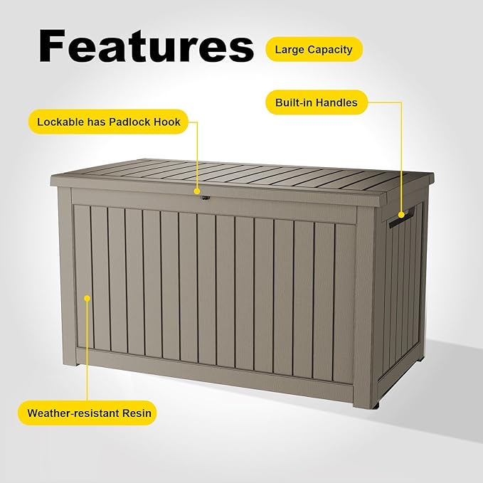 280 Gallon Outdoor Deck Box, Lockable Waterproof Outdoor Storage Boxes For Garden Tools,Indoor Cushions,Accessories Outside Storage Resin Weatherproof Container(Grey)