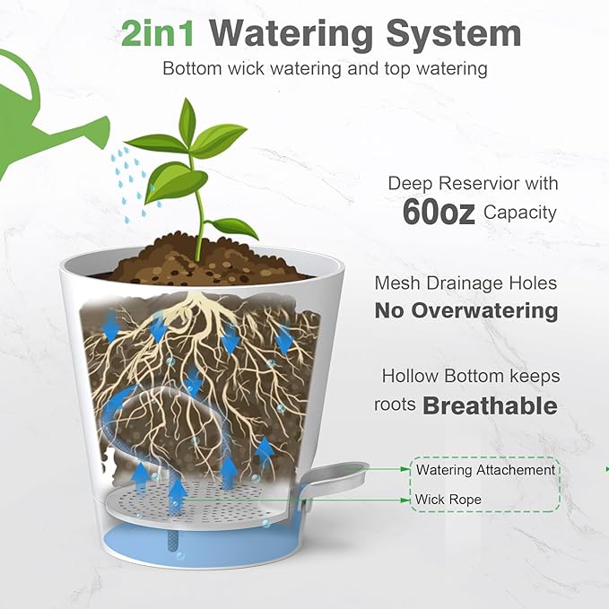 12inch Large Self Watering Plant Pot, Plastic Cylinder Planter with 60Oz Deep Reservoir and Saucer for Indoor Outdoor Plants Flowers Houseplants, Black with Brown
