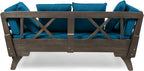 Merax Outdoor Patio Daybed Sofa,3-Seat Sofa with Foldable Arm 4 Back Pillows,Teak Acacia Wood Frame Beige Removable Cushion,Grey+Teal