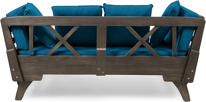 Merax Outdoor Patio Daybed Sofa,3-Seat Sofa with Foldable Arm 4 Back Pillows,Teak Acacia Wood Frame Beige Removable Cushion,Grey+Teal