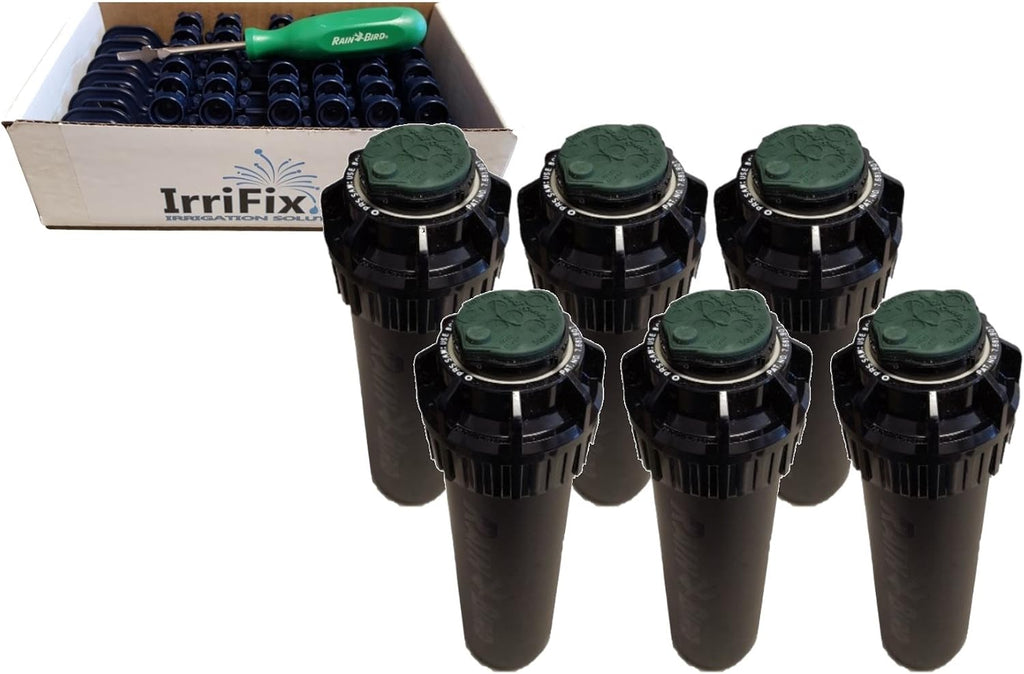 Rain Bird 5000 Plus Series Pressure Regulator Seal-A-Matic Sprinkler Heads Bundle - 6 Pack 5004+PCSR SAM Rotors with IrriFix Nozzle Box Including 6 Nozzle Trees and 1 Rotortool Screwdriver