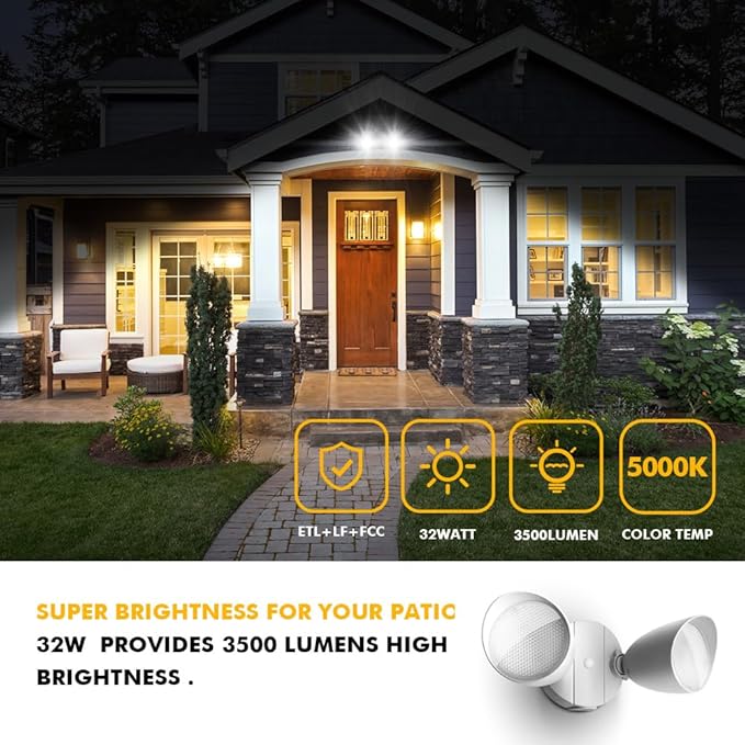 LUTEC 6222W-D2D 3500 Lumen 32 Watt Dusk to Dawn Dual-Head Flood Light Outdoor Waterproof Exterior Security Wall Light, Full Metal Design Floodlight for Patio, Garden, Yard-White
