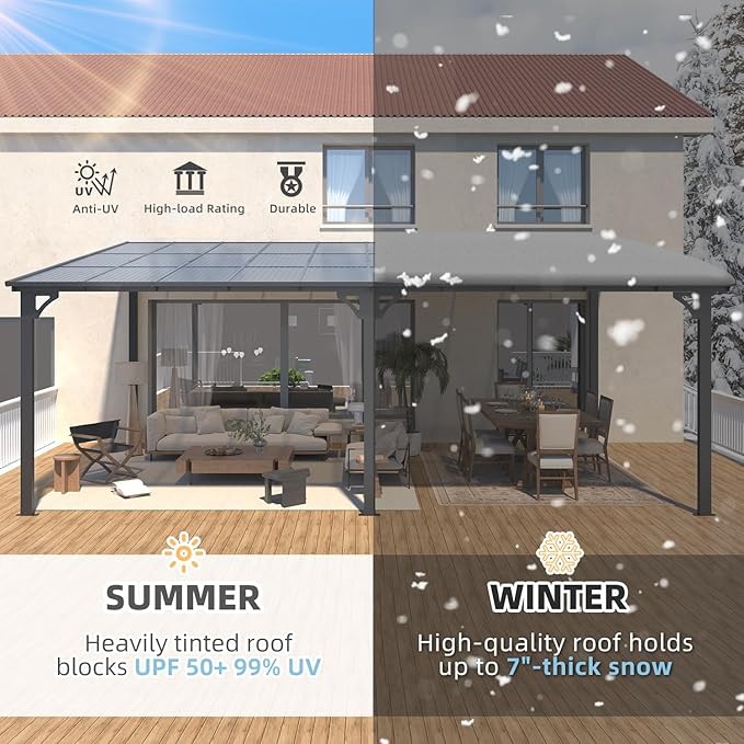 AECOJOY 20' x 12' Gazebo for Patio, Large Wall-Mounted Hard Top Lean-to Gazebo Pergola with Roof 12' x 20' on Clearance, Heavy Duty Patio Awnings for Decks, Backyard