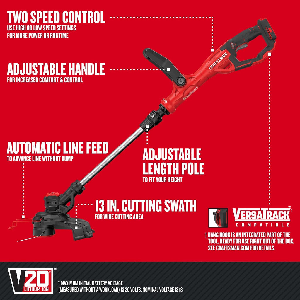 CRAFTSMAN V20 Cordless 20-Inch Hedge Trimmer & 13-Inch WEEDWACKER String Trimmer/Edger Bundle, Bare Tool Only