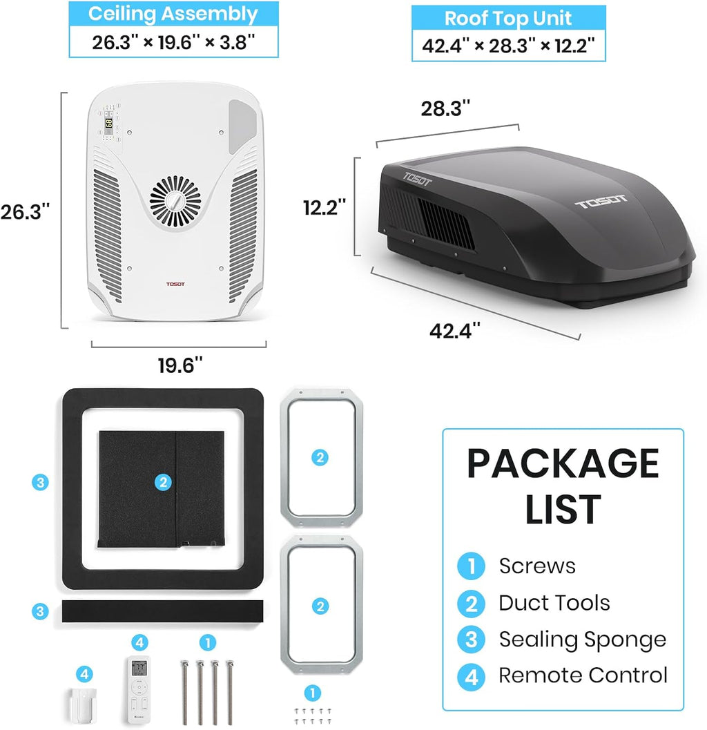 tosot 16000 btu go cool rv air conditioner, front angle view