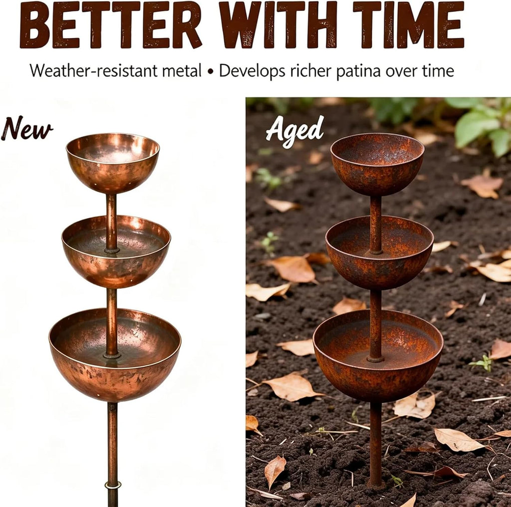 Rain Catcher - Plant Support Metal Garden Ornament, Rust Patina Metal Rain Catcher Garden Stake with Water Bowl, Gardens Rains Catchers Bird Bath with 3-Tiered Water Bowls, Yard Decor (2 PCS)