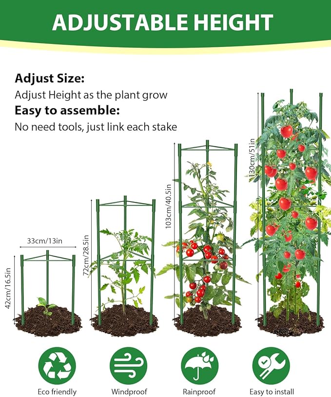 6 Pack Tomato Cages for Garden, 51in*13in Adjustable Tomatoes Plant Stakes Support Cages Trellis, Garden Trellis for Vegetable Flowers Fruits Climbing Plants- 20 Binding Wires Included