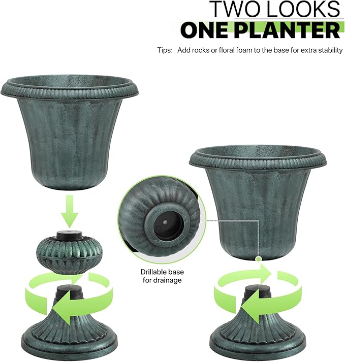 Magshion 20" Urn Planter for Outdoor and Indoor Plants, Large Decorative Front Porch Planter, Vintage Grecian Flower Pot for Patio, Garden & Entryway Décor, Antique Green