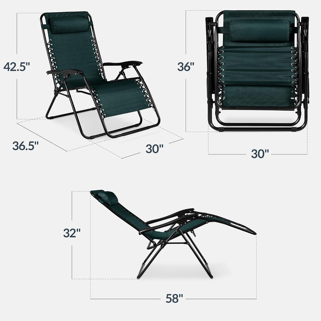 Best Choice Products Set of 2 Extra Wide Adjustable Steel Mesh Zero Gravity Lounge Chair Recliners w/Pillows and Cup Holder Trays - Forest Green
