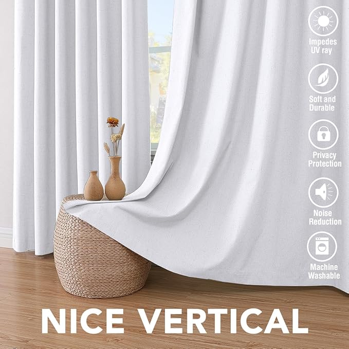 H.VERSAILTEX Linen Blackout Curtains 63 Inches Long 100% Blackout Thermal Insulated Textured Linen Look Curtain Draperies Anti-Rust Grommet, Energy Saving with White Liner, 2 Panels, Bright White