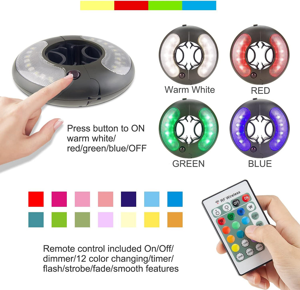 HONWELL Patio Umbrella Light, 18 LEDs 3xAA Battery Operated Umbrella Pole Light with RF Remote 80Ft Through Wall, 4 Modes, 12 Color Changing Outdoor Camping Light with Hanging Ring for Umbrellas,Tent