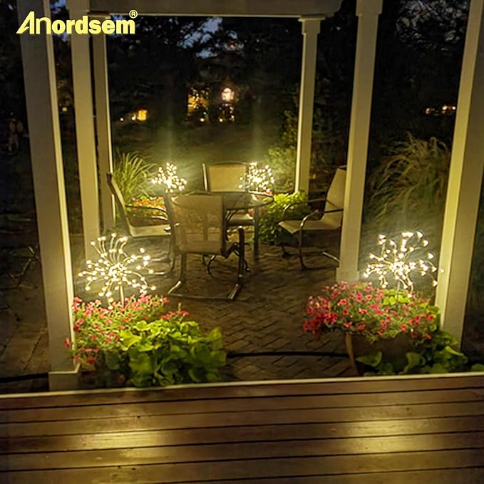 Anordsem Solar Lights Outdoor Decorative: Bendable Copper Wire with 120 LED Firework Beads - Waterproof 2 Warm Lighting Modes Yard Garden Patio - Christmas Gifts for Homeowner Over 30