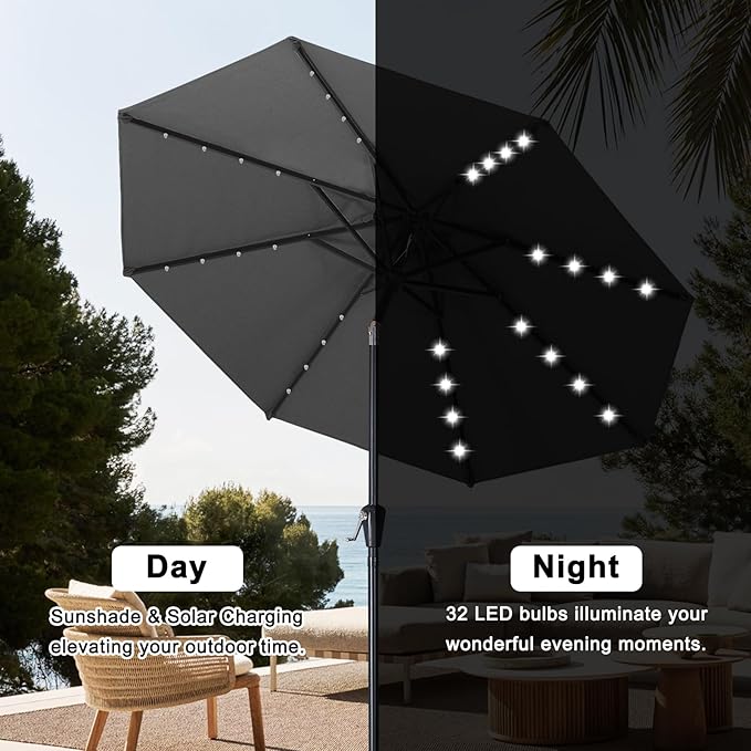 ABCCANOPY Durable Solar Led Patio Umbrellas with 32LED Lights 9FT (Dark Gray)