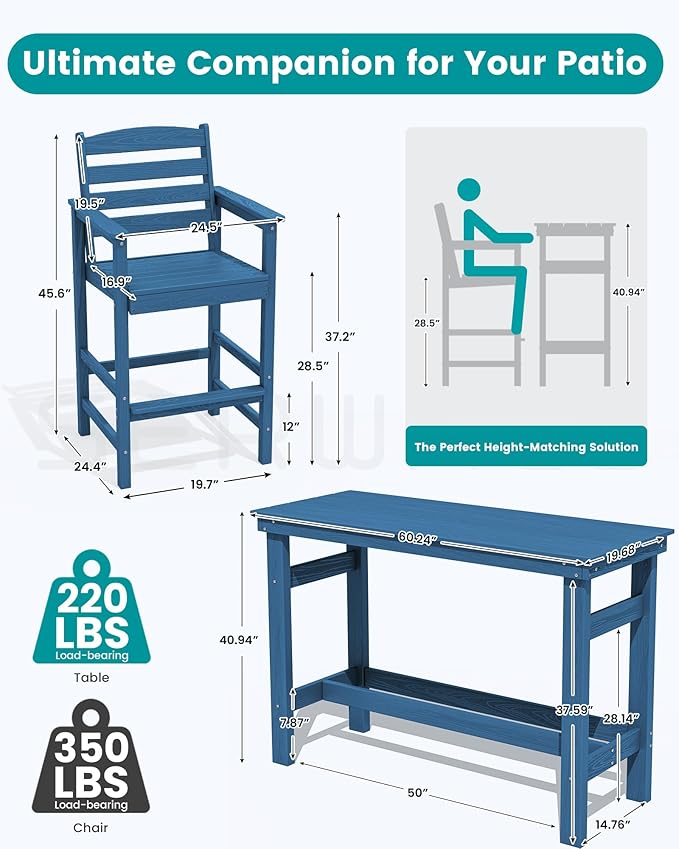 SERWALL Outdoor Bar Set - 4 Adirondack Bar Chairs & Bar Height Table with 1.6" Umbrella Hole, All-Weather HDPE Patio Furniture for Poolside, Backyard, Garden - Blue