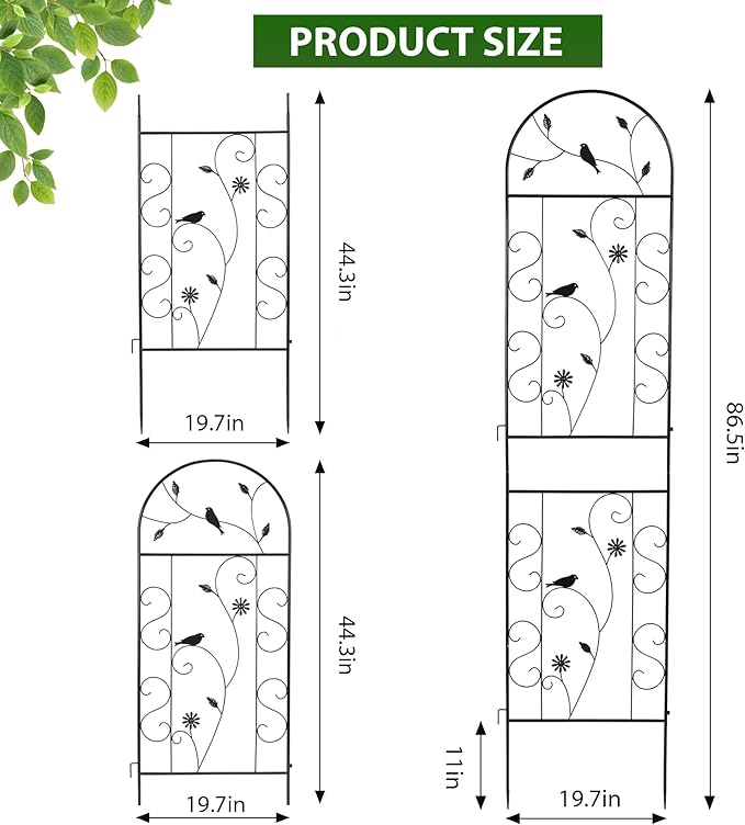 Metal Garden Trellis for Climbing Plants, 4 Pack 86.5" x 19.7" Black Plant Trellis Outdoor, Clematis Rrellis Outdoor, Arched Decoration Suitable for lawns, Gard, Black