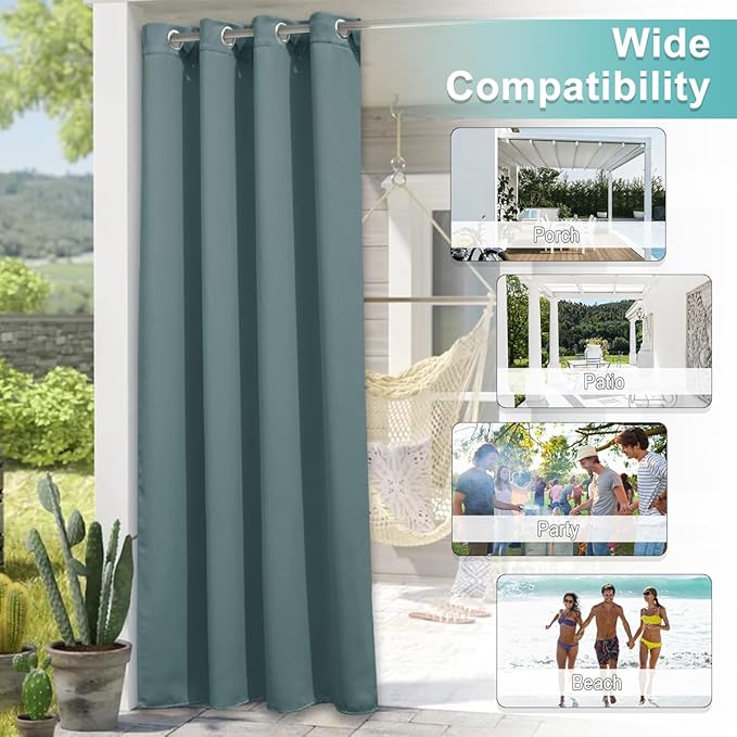 NICETOWN 2 Panels Greyish Blue Outdoor Curtains for Patio Waterproof, Stainless Steel Silver Grommet Thermal Insulated Blackout Outdoor Room Darkening Drapes for Front Porch, W52 x L108