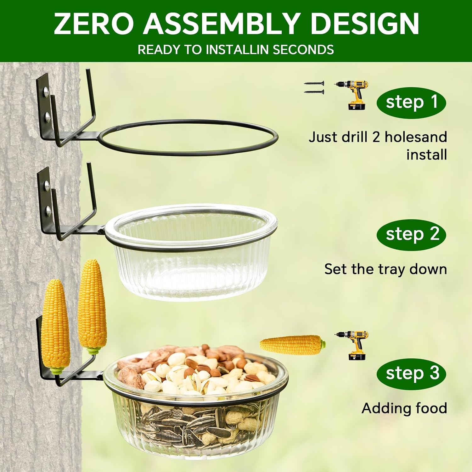 Tree Fence Squirrel Feeder, Outdoor Wild Squirrel Bird Wild Table, Backyard Transparent Glass Chipmunk Feeder, Strong and Ornamental, with Drainage Holes and Corn Support Squirrel Feeder