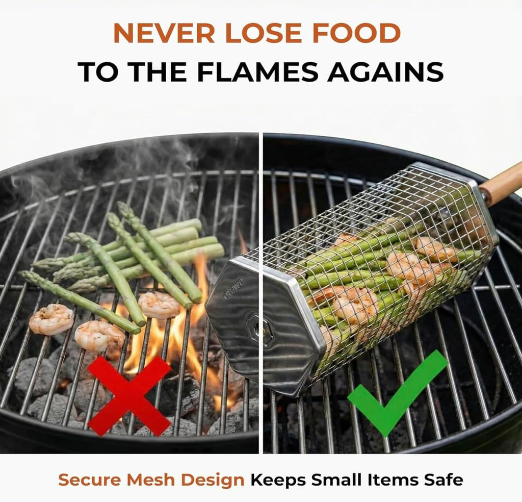 2 Pack Rolling Grill Basket – Stainless Steel Grilling Basket with Lid and Removable Wooden Handle – BBQ Accessories for Vegetables, Shrimp, Meat – Outdoor Cooking Gift for Dad or Husband – Otawe