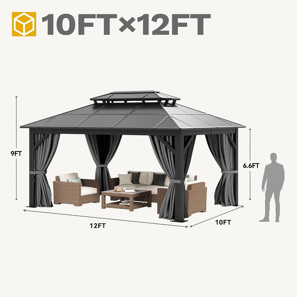 dwvo 10x12ft gazebo hardtop double roof polycarbonate canopy showing dimensions