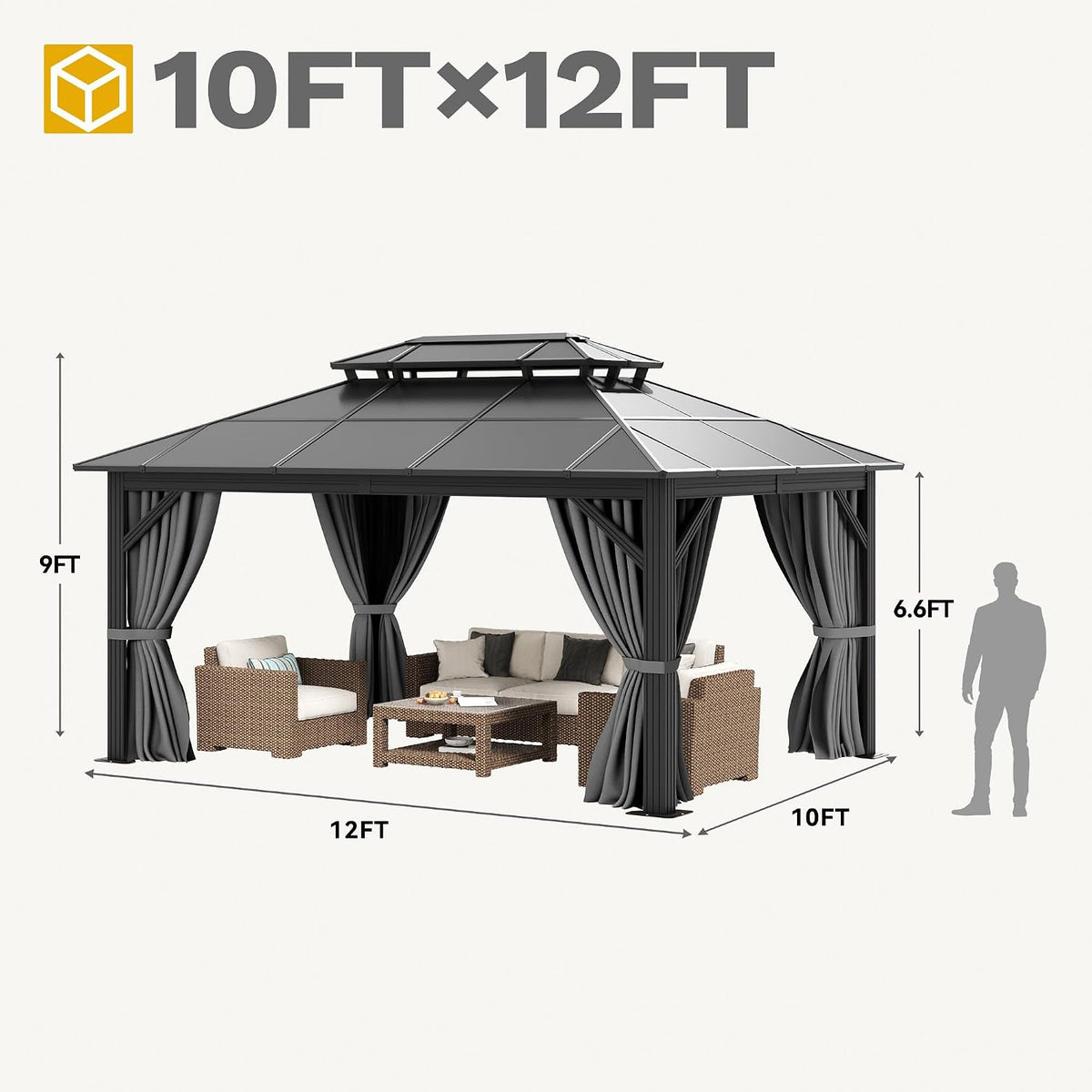 dwvo 10x12ft gazebo hardtop double roof polycarbonate canopy showing dimensions
