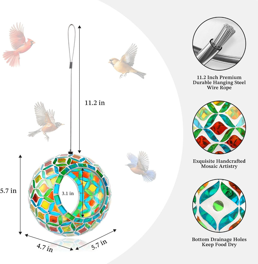 VOREEN Mosaic Glass Bird Feeder, Handcrafted Hanging Fly-Through Feeder for Outdoor Garden & Backyard, Decorative Wild Bird Feeder with Steel Wire Cable – Natural Blue & Green Mosaic Style