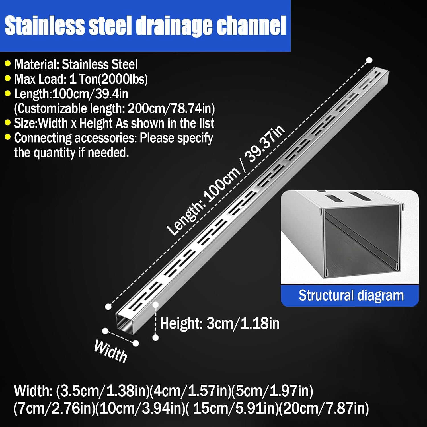 Slim Channel Drain Kit - Stainless Steel Trench Drain System for Outdoor Yard Patio & Driveway - Efficient Underground Drainage with Grate (H3*W7CM/H1.18*W2.76IN)