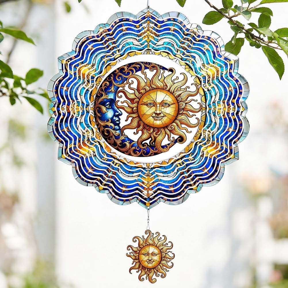 Sun and Moon Wind Spinners Outdoor Hanging - 12 inch Sun Outdoor Metal Decor Birthday Gifts for Women Mom Grandma,3D Wind Sculptures Art for Yard and Garden Patio Lawn Balcony Porch Decorations