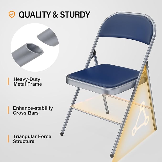 VINGLI 10 Pack Folding Chairs with Padded Seats, Metal Frame with Pu Leather Seat & Back, Capacity 350 lbs, Blue