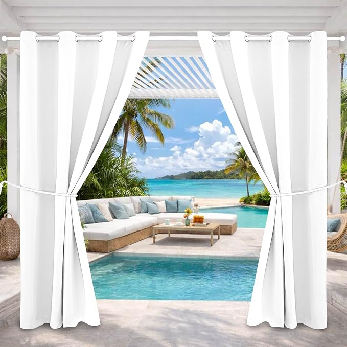 Water Proof Outside Curtains with Grommet Top for Porch, W52 x L120 Thermal Insulated Washable Light Block Outdoor Divider Drapes for Patio Gazebo Deck Pool Area Pergola Cabana (Pure White)