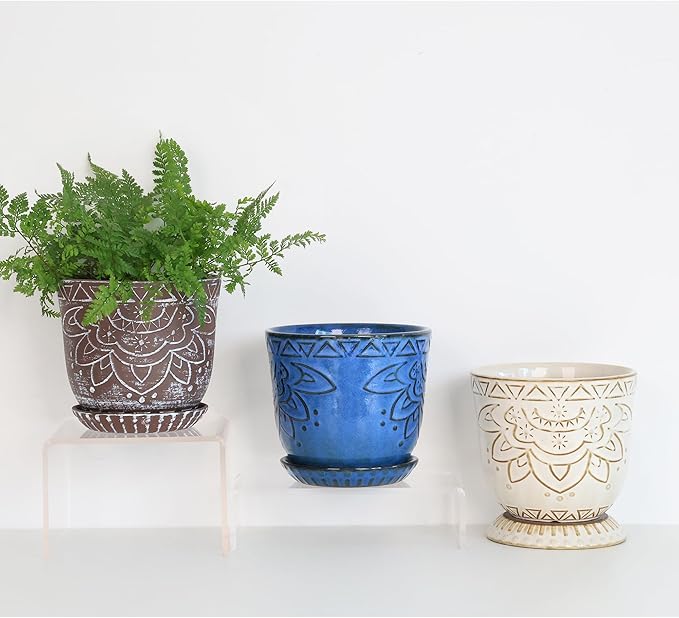 Gepege 6 Inch Blue Ceramic Planter, Plant Pot with Drainage Holes and Saucers for Indoor Plants, Birthday for Women Mom
