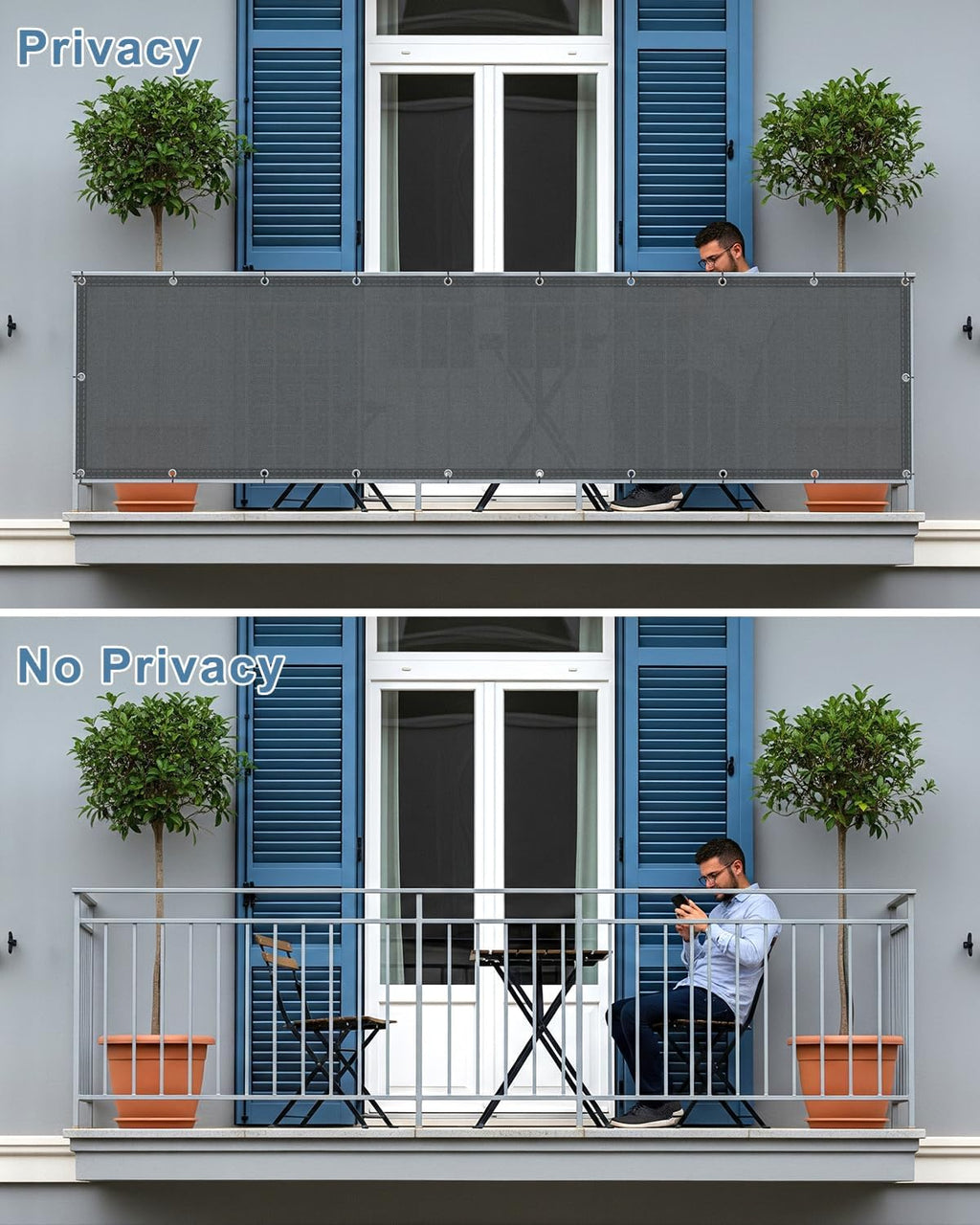 sunlax waterproof balcony privacy screen 3.3'x19.7' dark grey shown in use