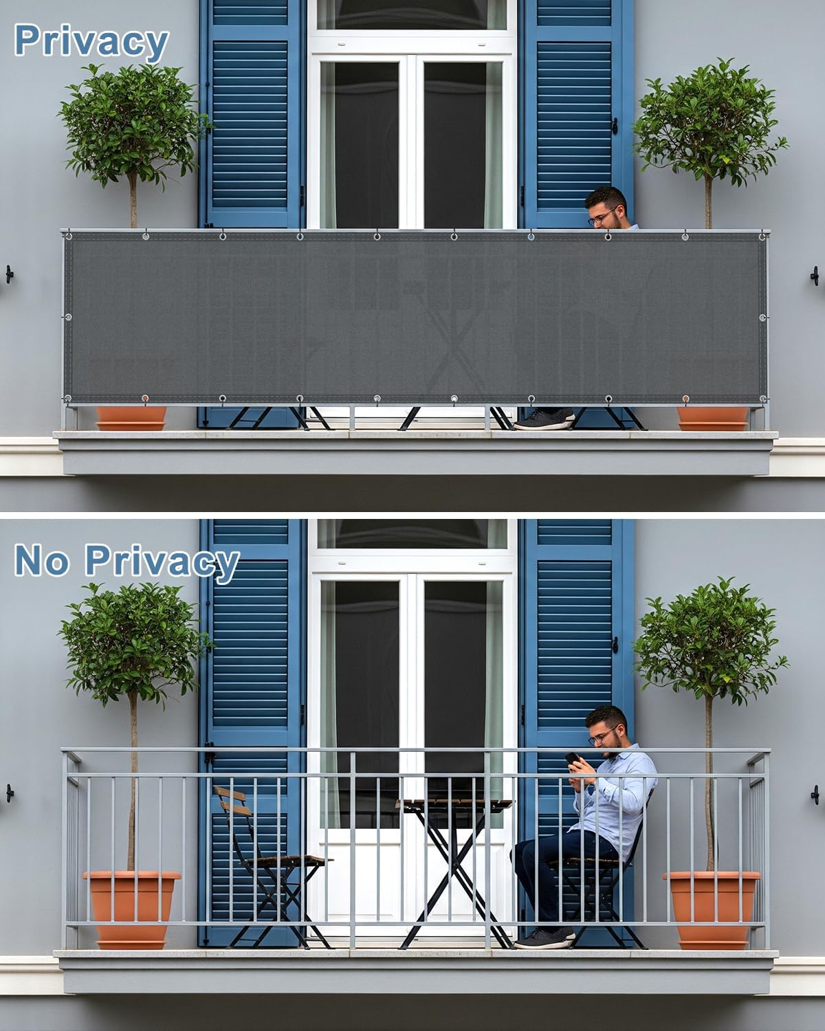 sunlax waterproof balcony privacy screen 3.3'x19.7' dark grey shown in use