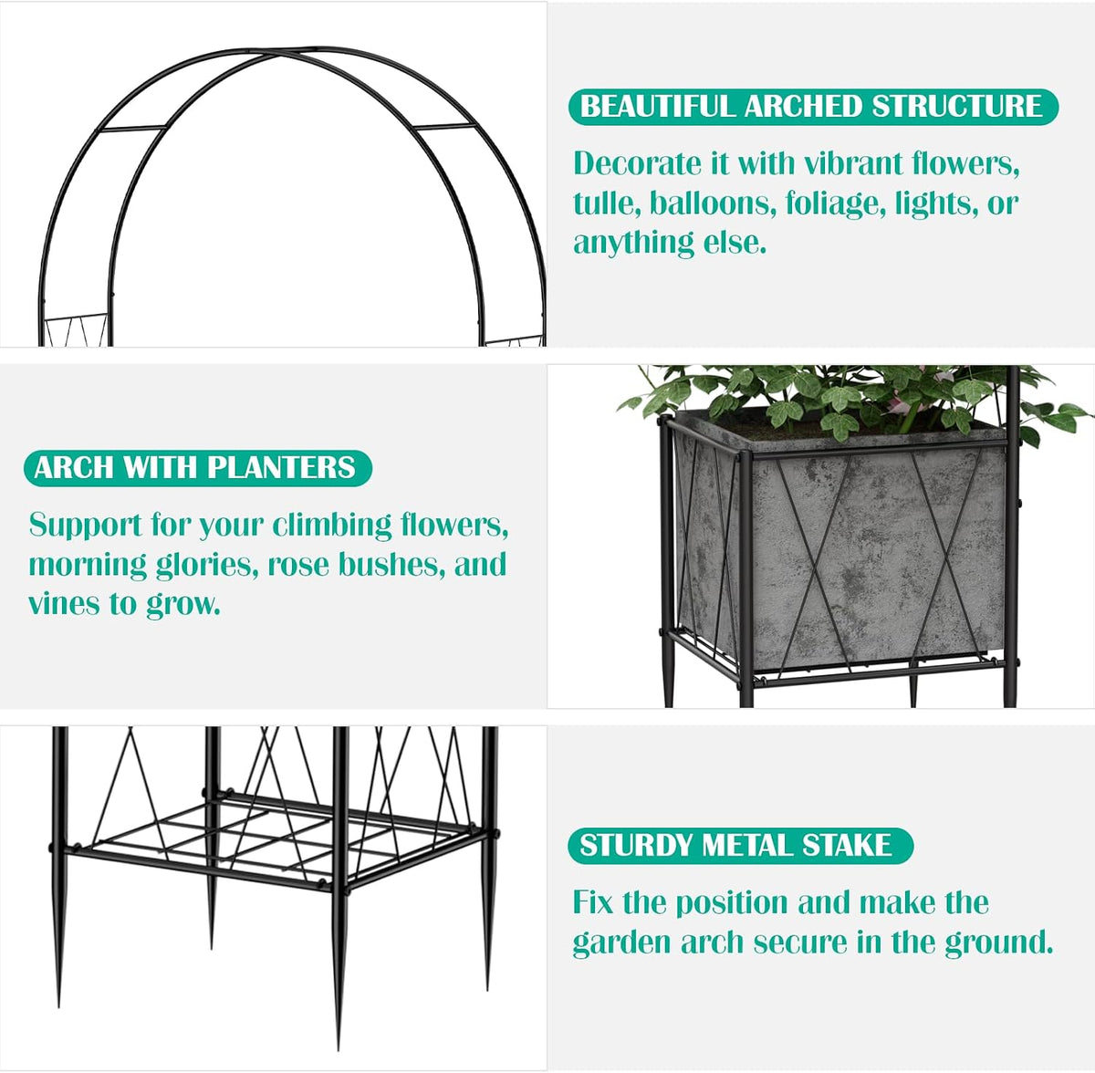 garden arch arbor trellis with planter boxes 8.2, close-up detail