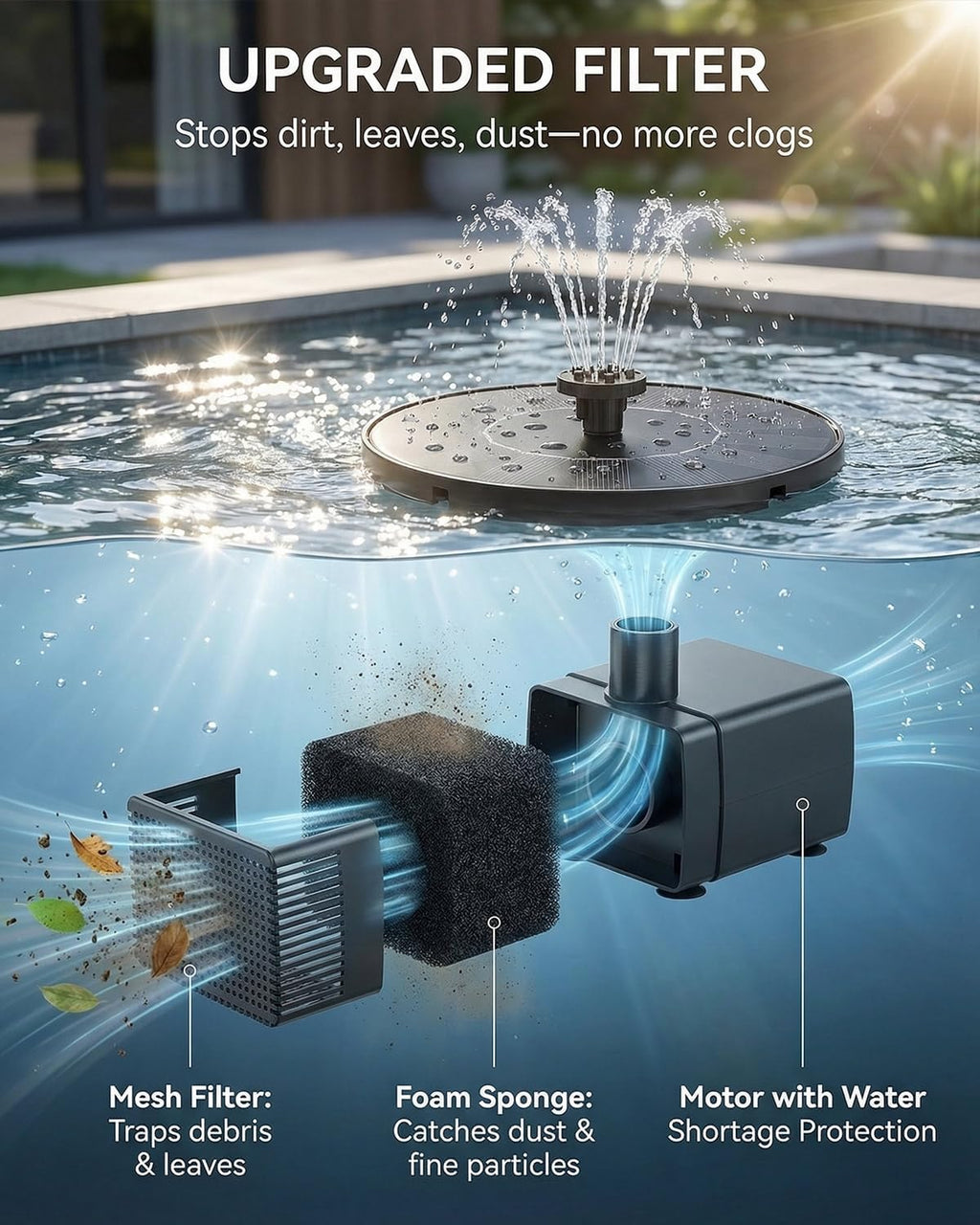 Solar Bird Bath Fountain – 2026 Upgraded 1.4W Solar Pump with 7 Nozzles and 4 Fixed Pipes, Floating & Free-Standing, Solar Fountain for Bird Bath, Garden, Pond, Pool