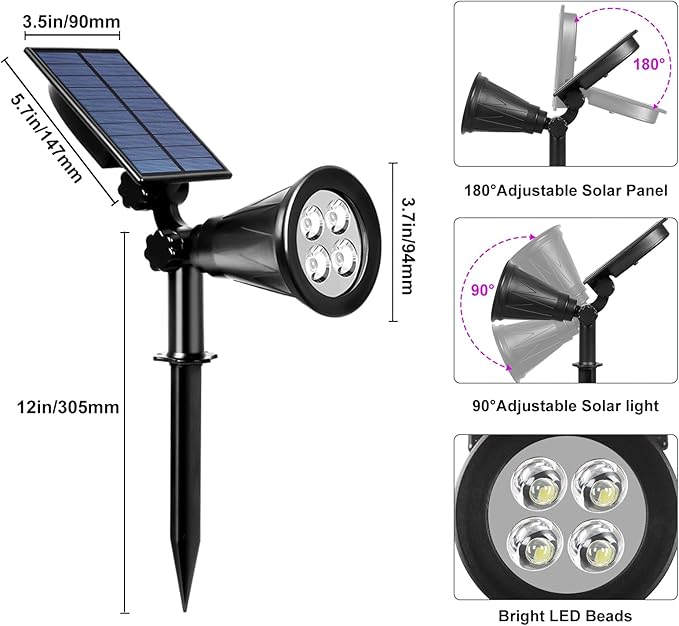 T-SUN [2 Pack] LED Solar Spotlights, Waterproof Outdoor Security Landscape Lamps, Auto-on/Auto-Off by Day, 180 Angle Adjustable for Tree, Patio, Yard, Garden, Driveway, Stairs, Pool Area(Purple)