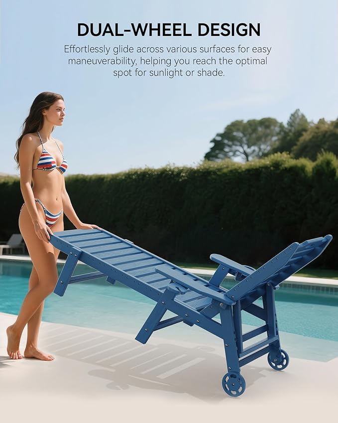 Carauci Lounge Chair Outdoor Set of 4, HDPE Chaise Lounge with Wheels, 5-Position Adjustable Backrest & 2 Cup Holders Patio Lounge Chair, All-Weather Pool Sun Lounger for Poolside, Backyard, Blue