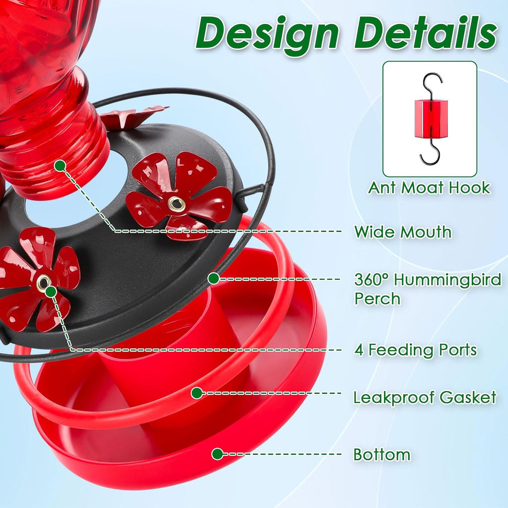 20oz Glass Hummingbird Feeder for Outdoor with Anti-Bee Ports, Red | Attract More Hummingbirds, Durable Glass, Leak-Proof, Easy To Clean, Built In Ant Moat, Bird Lover Gift, Hanging Garden Decor
